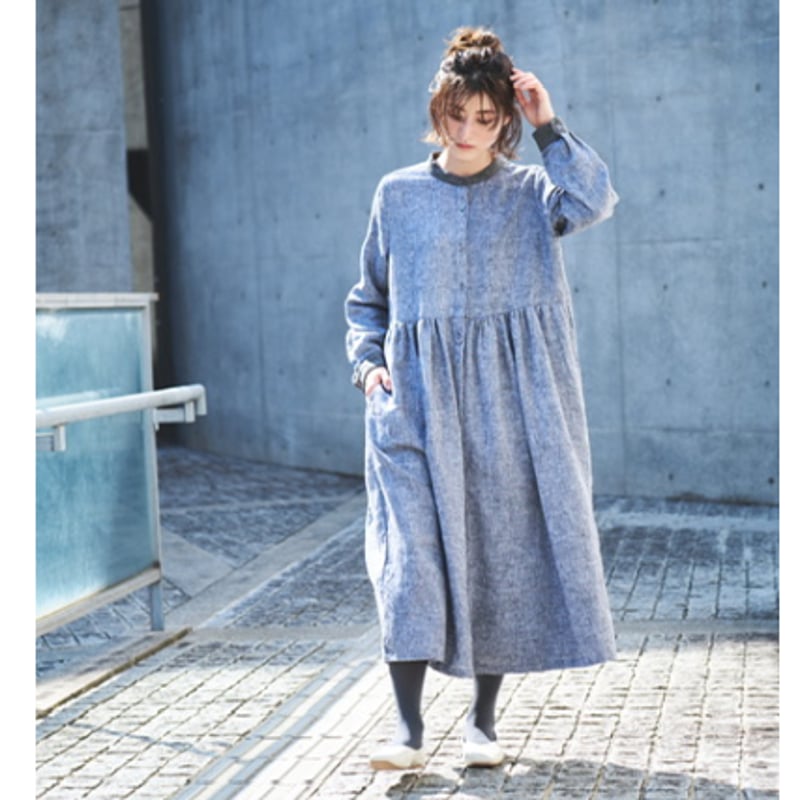 リネン シャンブレー起毛 バイカラーバンドカラー途中比翼前開き長袖