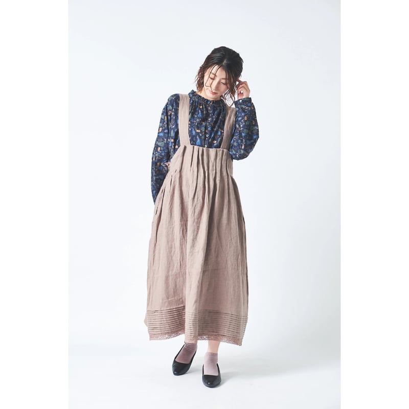 リネン ブラッシュツイル裾ピンタック＆レース加工ウエストボックス