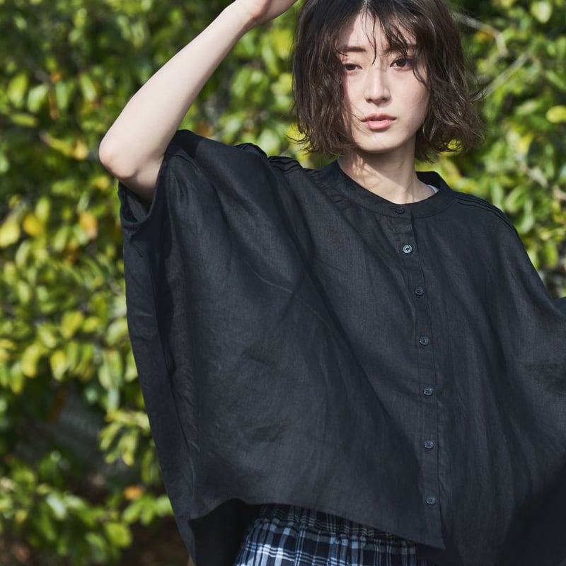 コットンリネン ネップピンチェックバンドカラーシャツ 【公式通販】