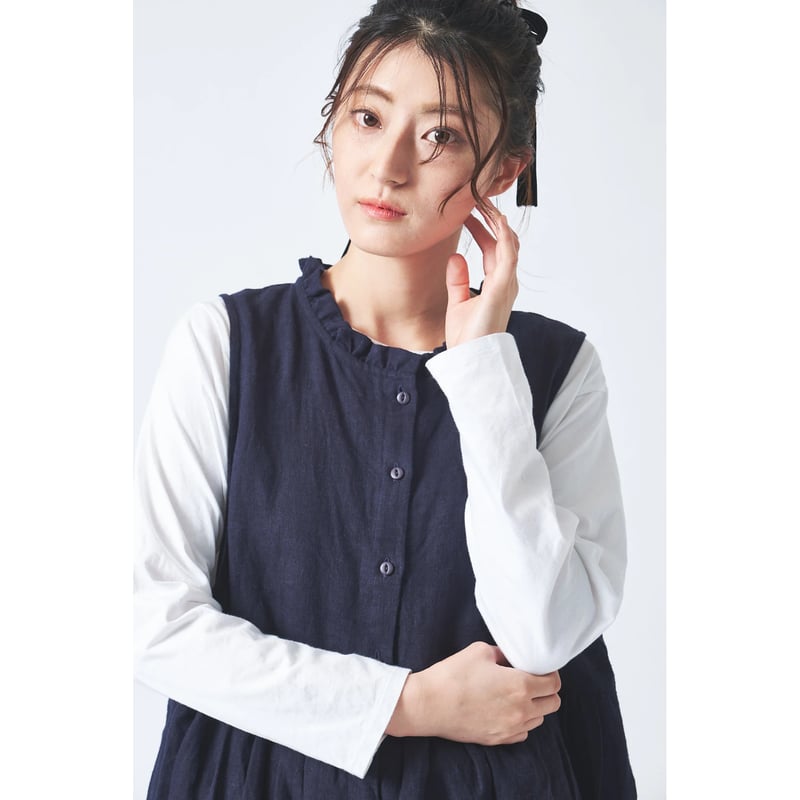 リネン ブラッシュツイル襟フリル途中比翼ウエストギャザー両サイド