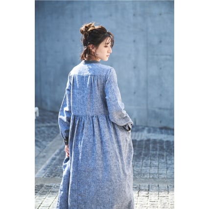 未使用級✨23AW ANAYI ウールフラノワンピース バイカラー ベルト 36 リネン シャンブレー起毛 バイカラーバンドカラー途中比翼前開き長袖