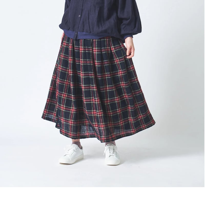 ubasoku　ウール先染めガーゼ 　裏付き　タックギャザー　ロングスカート ウール先染めガーゼ 83丈裏付タックギャザースカート ub29-0146