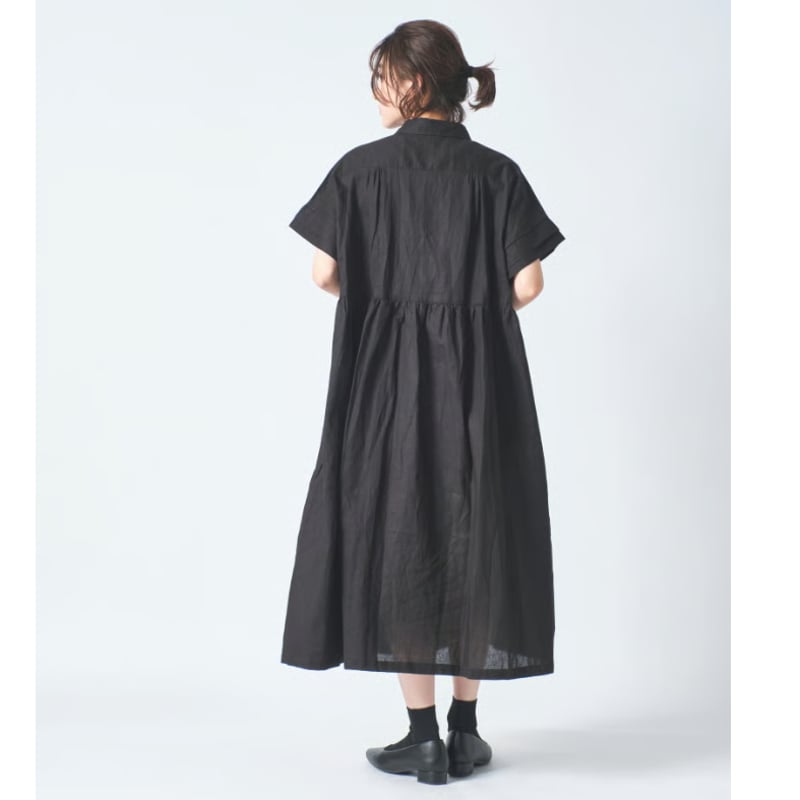 リネン小衿胸切替ギャザー比翼前開二枚袖半袖ワンピース ub27-0958