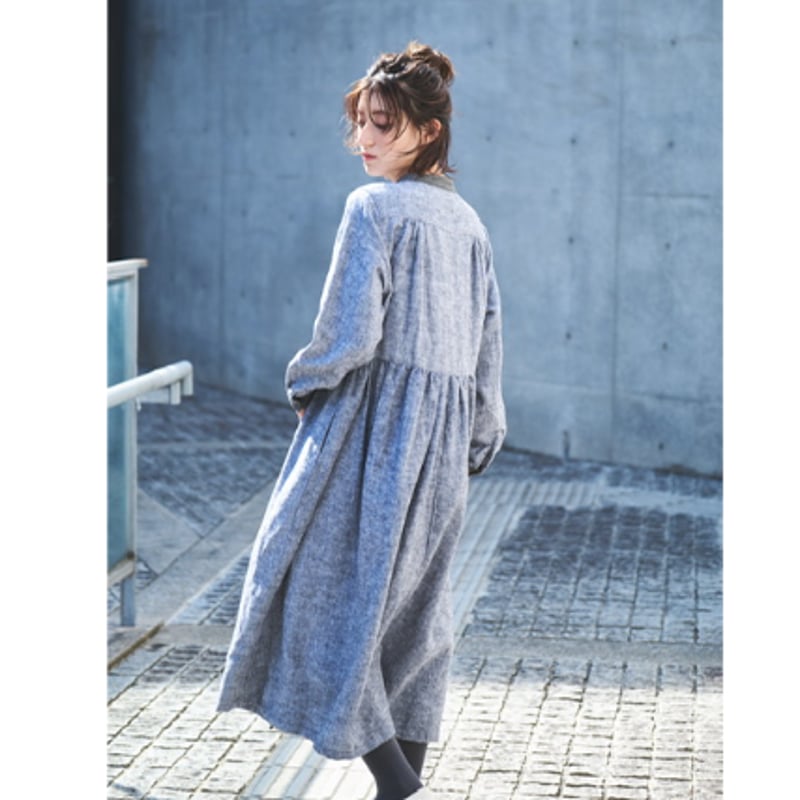 リネン シャンブレー起毛 バイカラーバンドカラー途中比翼前開き長袖