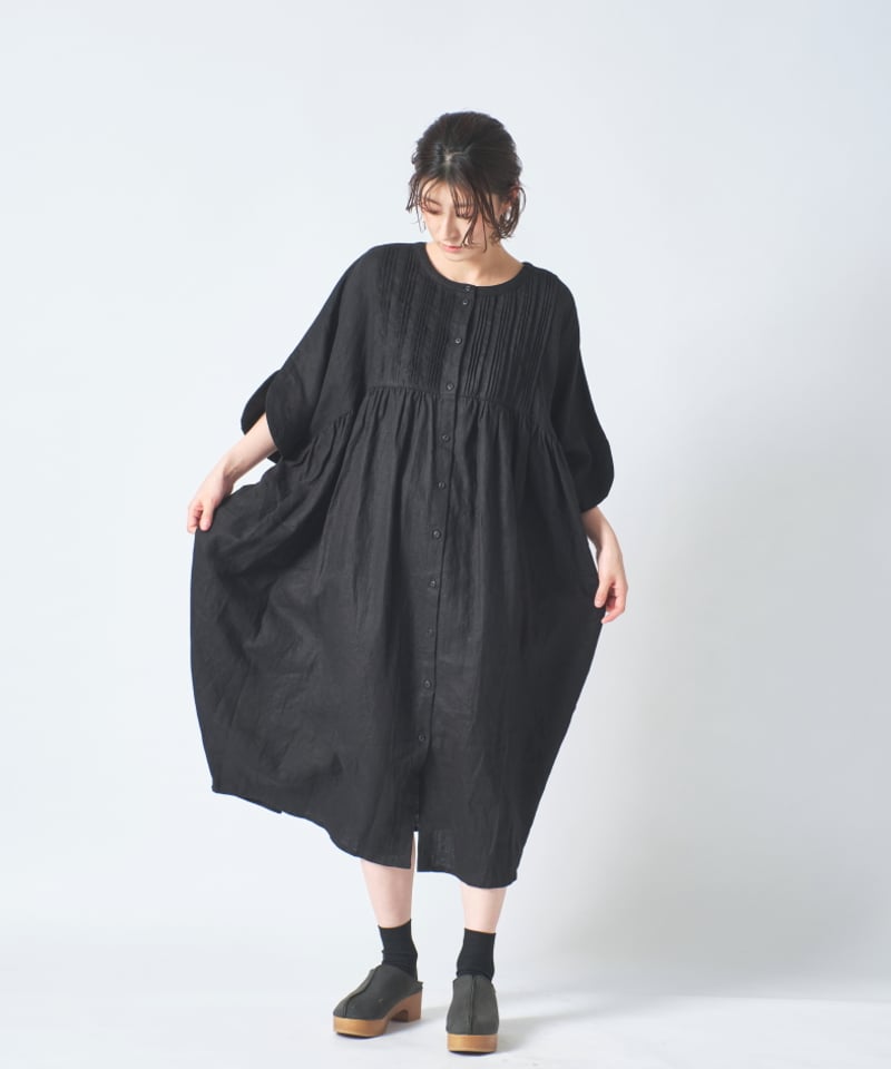 リネン 胸元多数ピンタック コクーン半袖2wayワンピース ub27