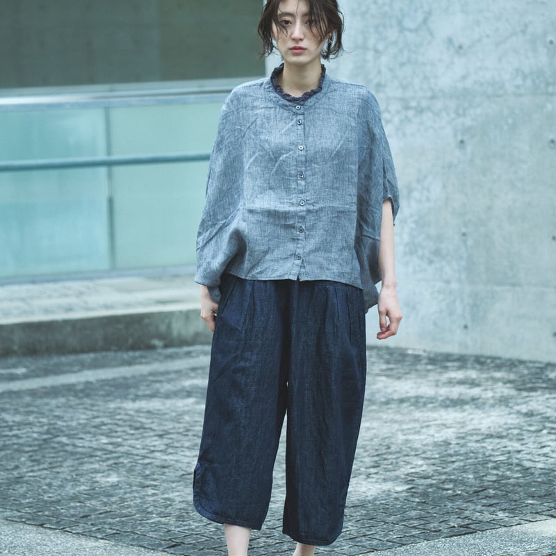 麻綿インディゴデニム 裾変形ラウンド型 ボールパンツ ○ub21-0308