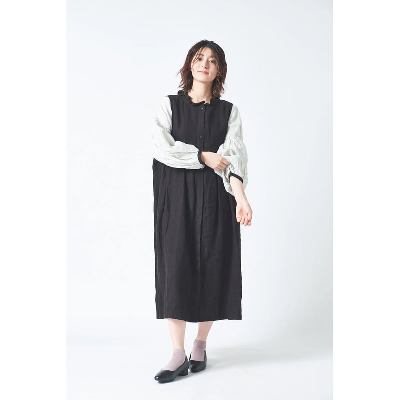 リネン ブラッシュツイル襟フリル途中比翼ウエストギャザー両サイド