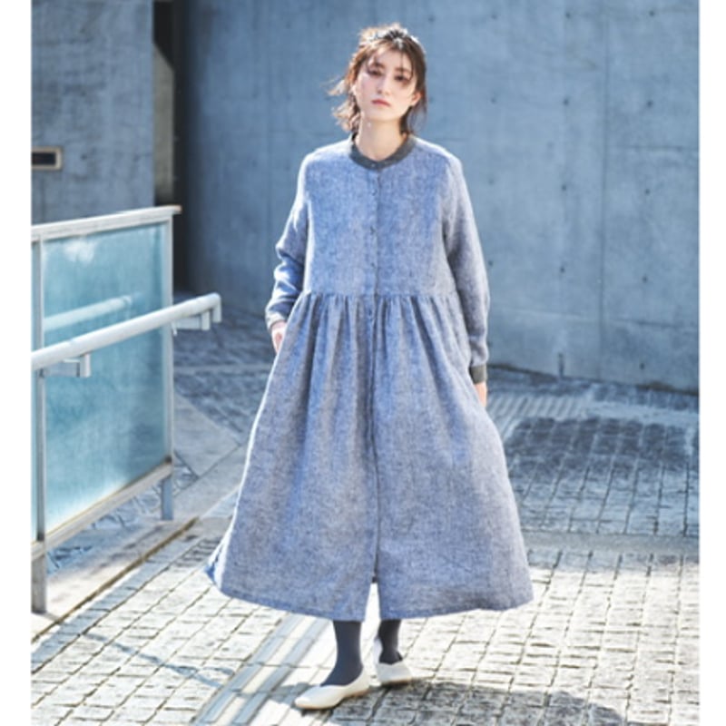 リネン シャンブレー起毛 バイカラーバンドカラー途中比翼前開き長袖