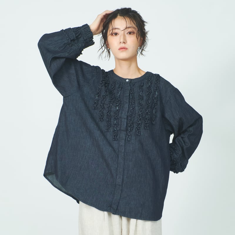 胸・袖口ギャザーフリル使い比翼 袖ゴムシャーリングブラウス ub30 