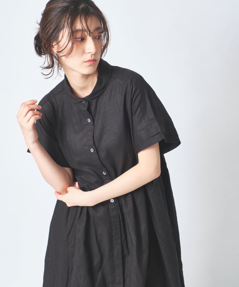 リネン小衿胸切替ギャザー比翼前開二枚袖半袖ワンピース ub27