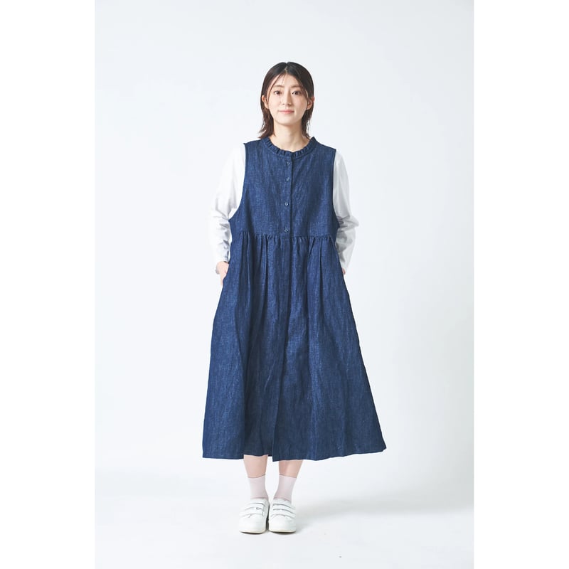 リネン/コットン 8ozスラブ インディゴデニム襟フリル途中比翼ウエスト