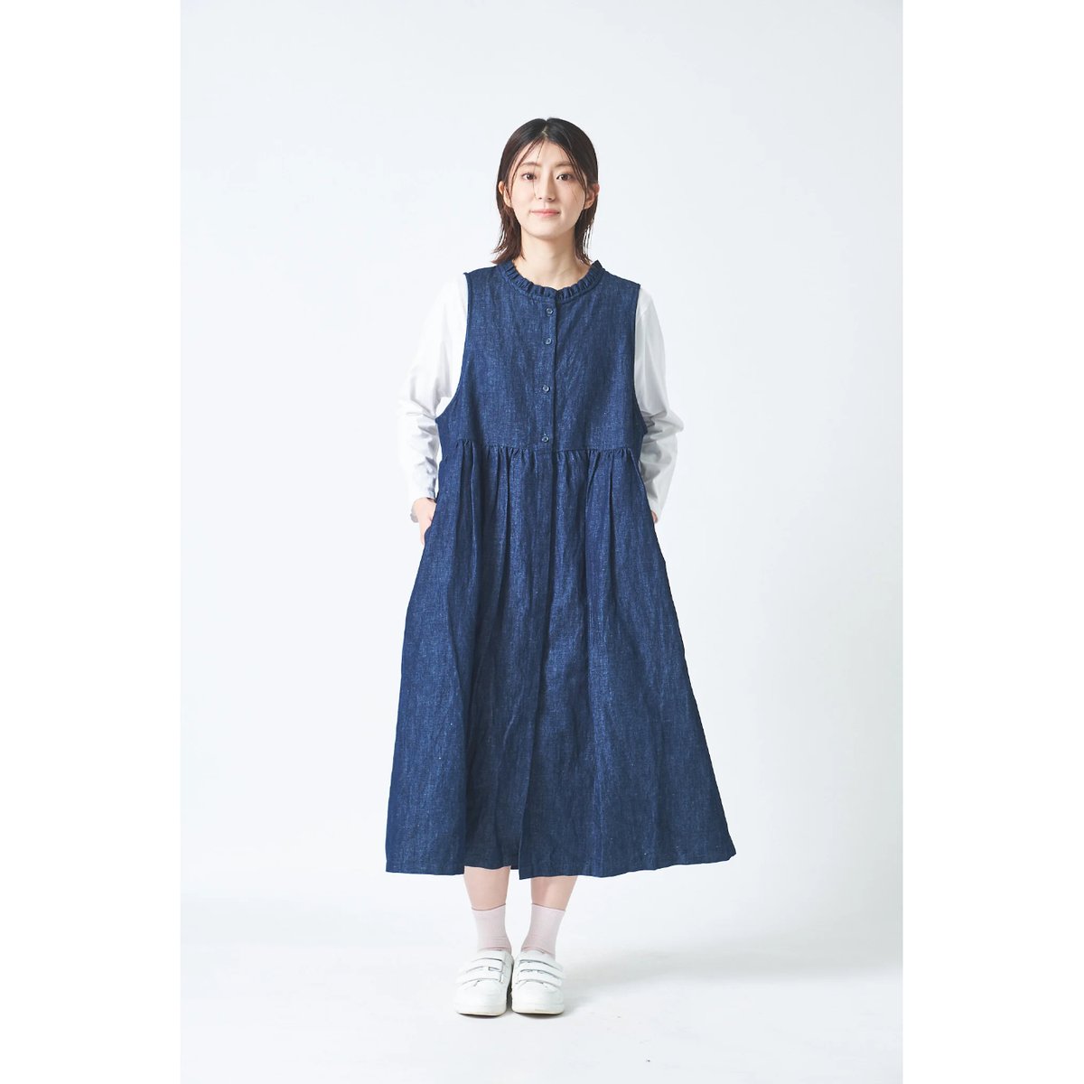 リネン/コットン 8ozスラブ インディゴデニム襟フリル途中比翼ウエスト