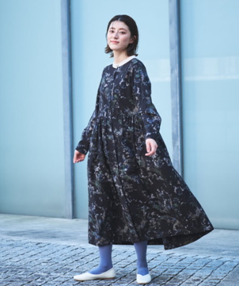 希少✨【45R】藍染め抜染プリント インディゴ 花柄 半袖 ワンピース 