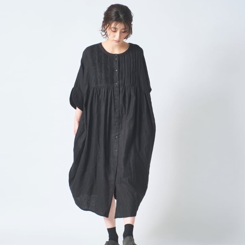 リネン 胸元多数ピンタック コクーン半袖2wayワンピース ub27-0947