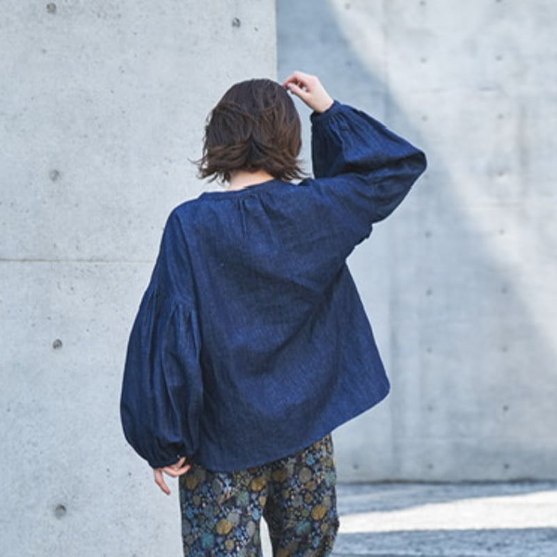 リネンコットン インディゴデニム6.8オンス バルーン袖長袖ブラウス