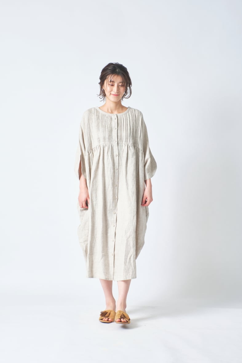 リネン 胸元多数ピンタック コクーン半袖2wayワンピース ub27