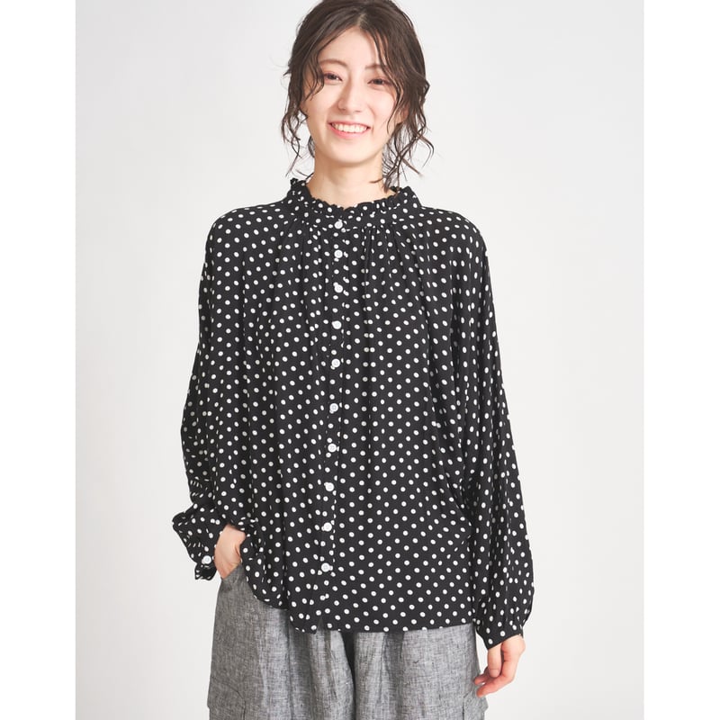 ポルカドット衿フリル ドルマンスリーブ貝釦ブラウス ○ub21-0414
