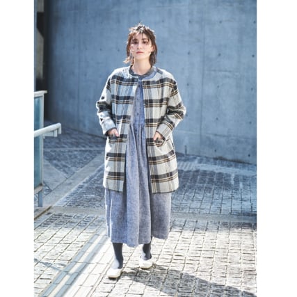 リネン シャンブレー起毛 バイカラーバンドカラー途中比翼前開き長袖