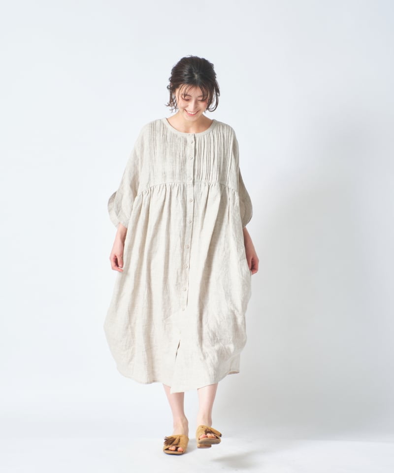 handmade*胸元ピンタック・ウエストフリルワンピース リネン 胸元多数ピンタック コクーン半袖2wayワンピース ub27