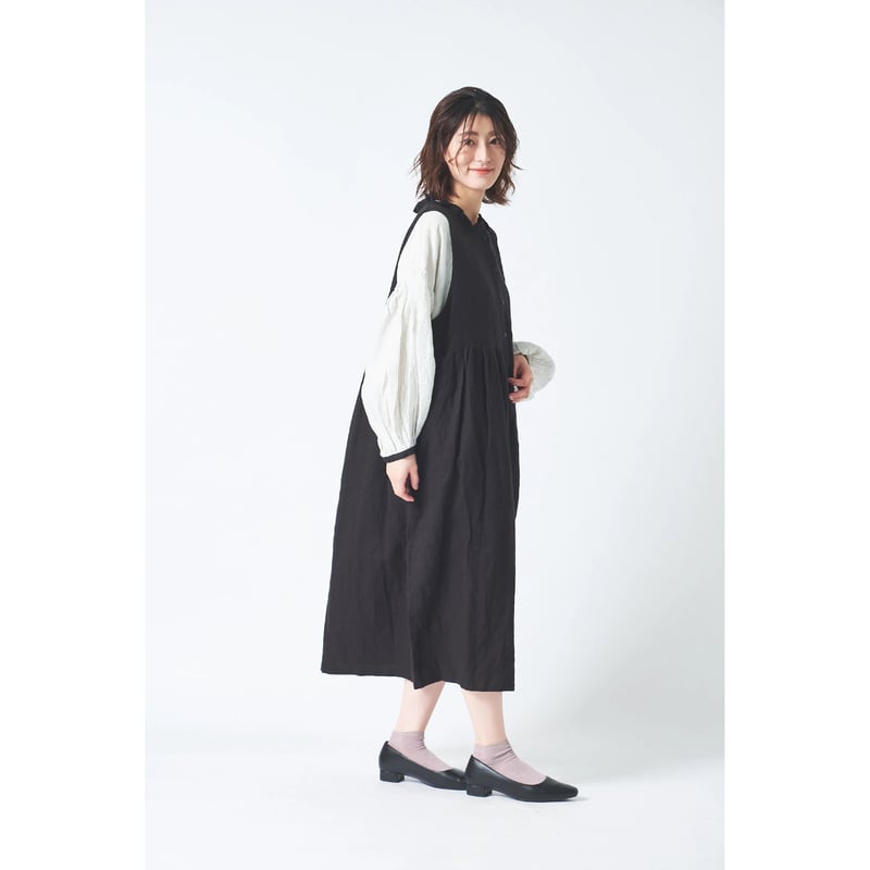 リネン ブラッシュツイル襟フリル途中比翼ウエストギャザー両サイド