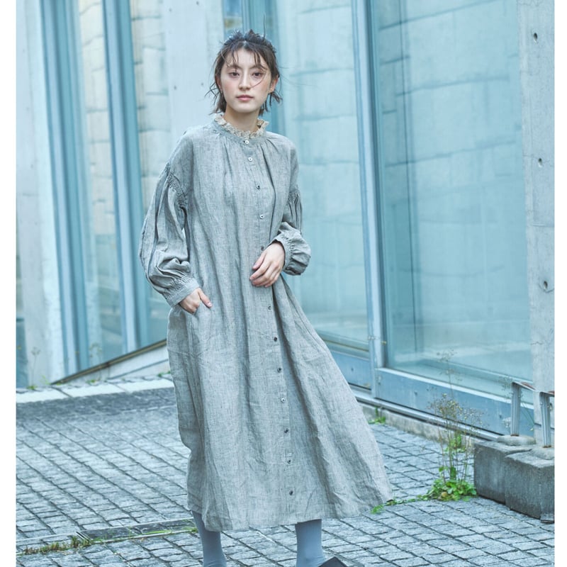 リネン 襟レース付き 袖・カウスゴムシャーリング貝釦ワンピース