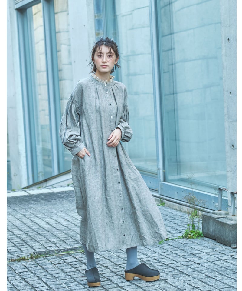 リネン天然染め レース付け衿ワンピース