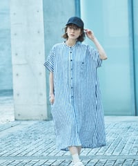 リネン 8mm巾ストライプ　バンドカラー 半比翼後ろヨークギャザーシャーリング二枚袖ワンピース　   ub25-0617