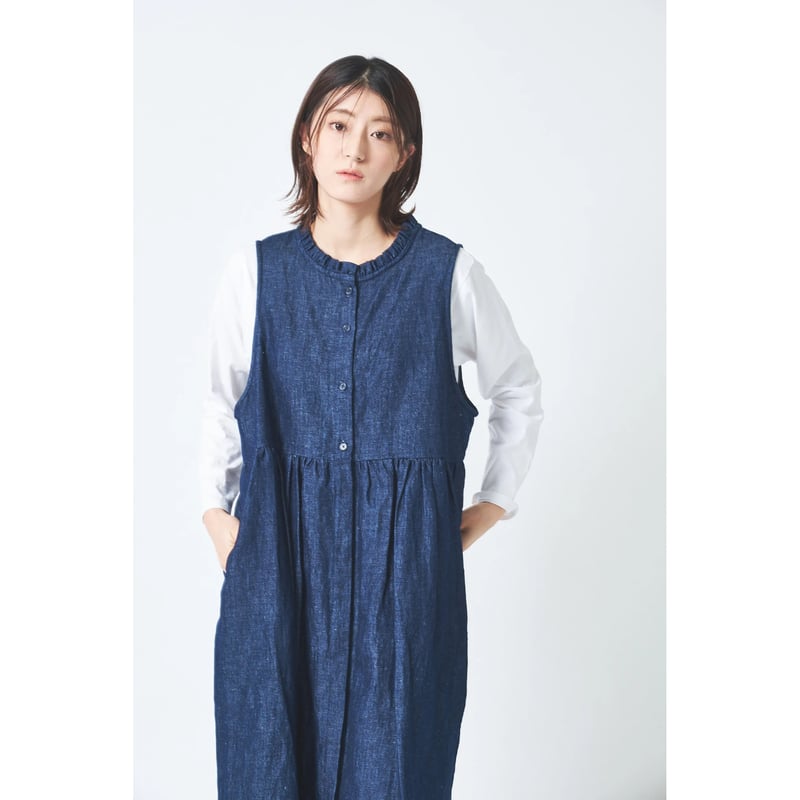 リネン/コットン 8ozスラブ インディゴデニム襟フリル途中比翼ウエスト