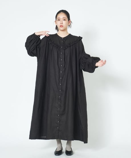 美品 ubasoku バンドカラーパフ袖スコッチ釦ワンピース インディゴデニム ubasoku/リネンコットンデニム ジージャンピース -コートとして