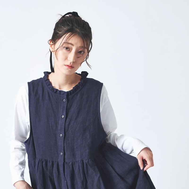 リネン ブラッシュツイル襟フリル途中比翼ウエストギャザー両サイド