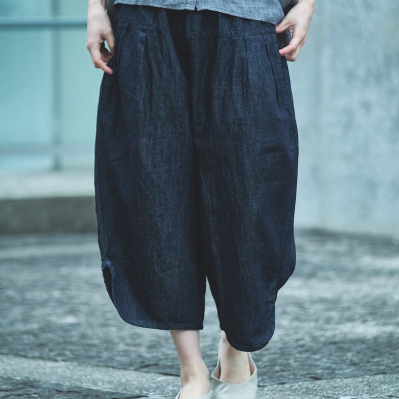 麻綿インディゴデニム 裾変形ラウンド型 ボールパンツ ○ub21-0308