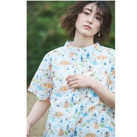 レーヨンドットプリント 小衿ウエストギャザーかぶり半袖ワンピース