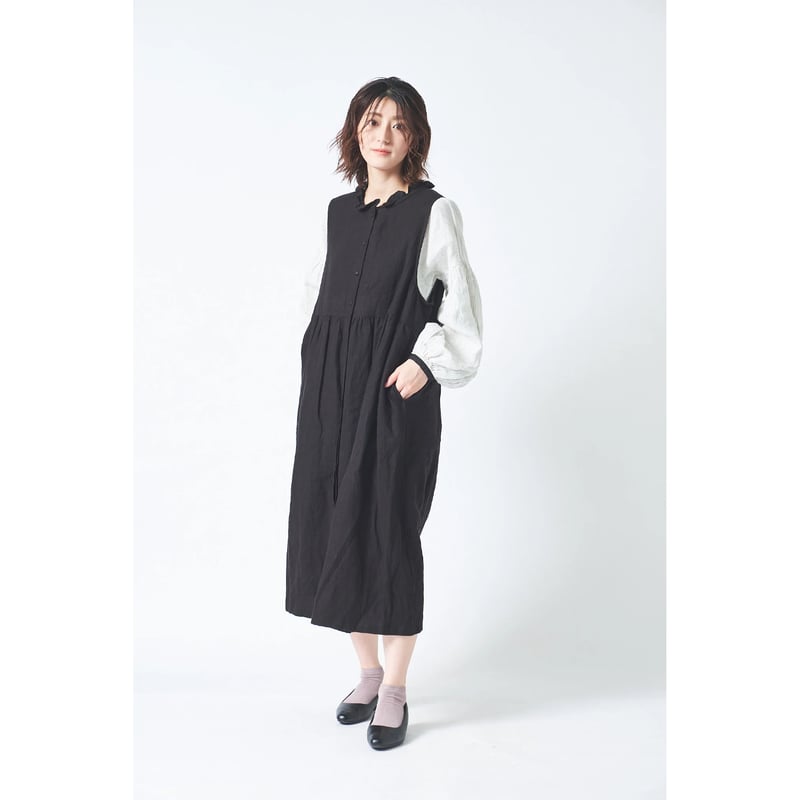 リネン ブラッシュツイル襟フリル途中比翼ウエストギャザー両サイド