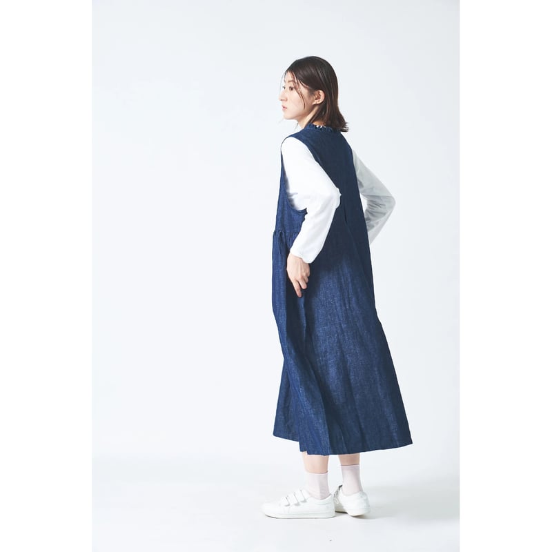 リネン/コットン 8ozスラブ インディゴデニム襟フリル途中比翼ウエスト