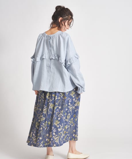 リネン水彩画プリント　裏地付タックギャザースカート　　ub27-0818