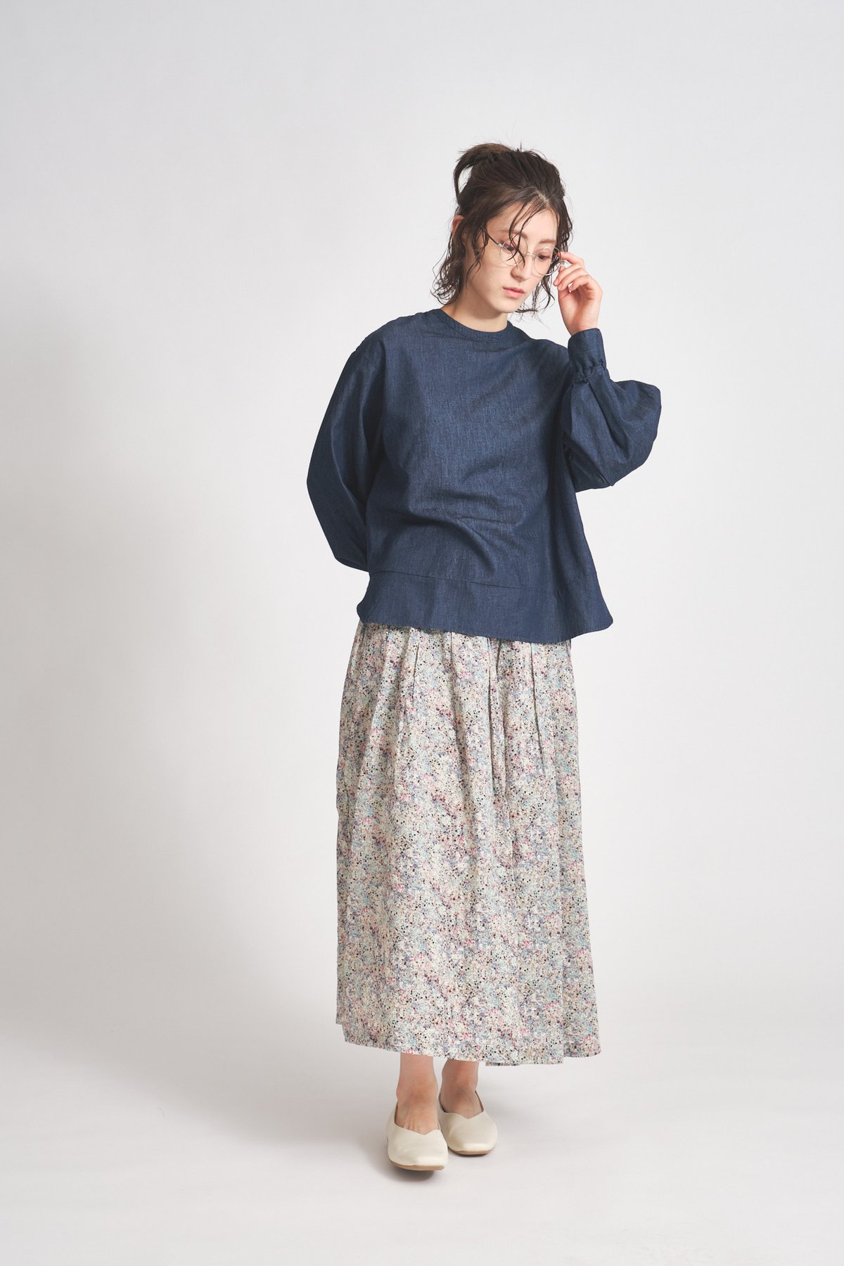 リネンコットンデニム胸元ボーダーピンタック本貝釦2WAYブラウス ub27