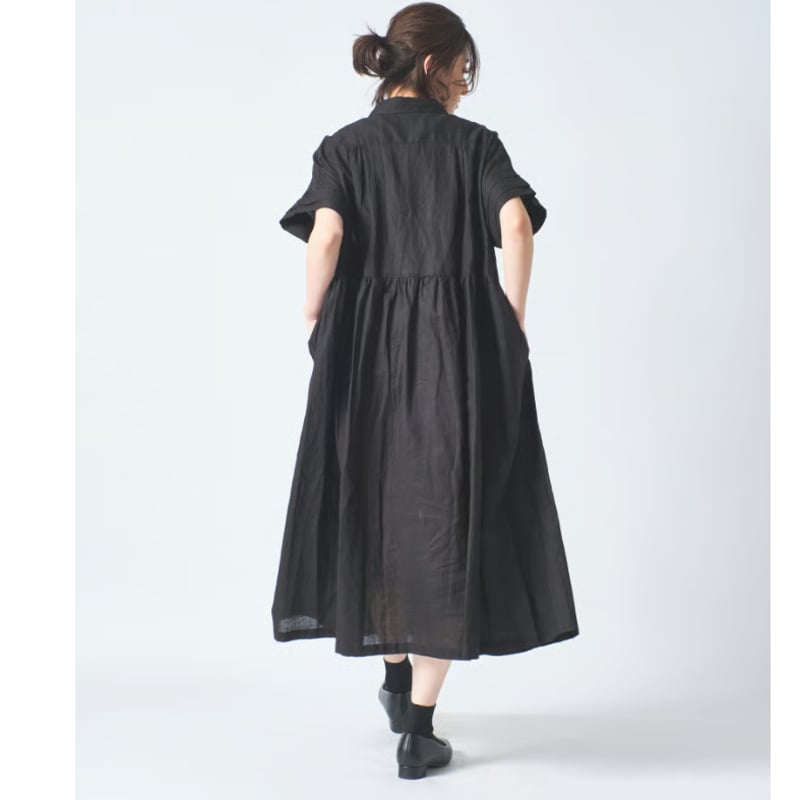 リネン小衿胸切替ギャザー比翼前開二枚袖半袖ワンピース ub27-0958