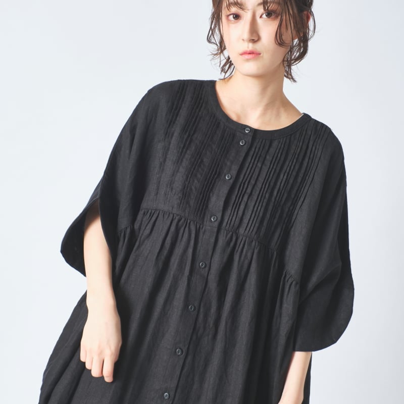 リネン 胸元多数ピンタック コクーン半袖2wayワンピース ub27-0947