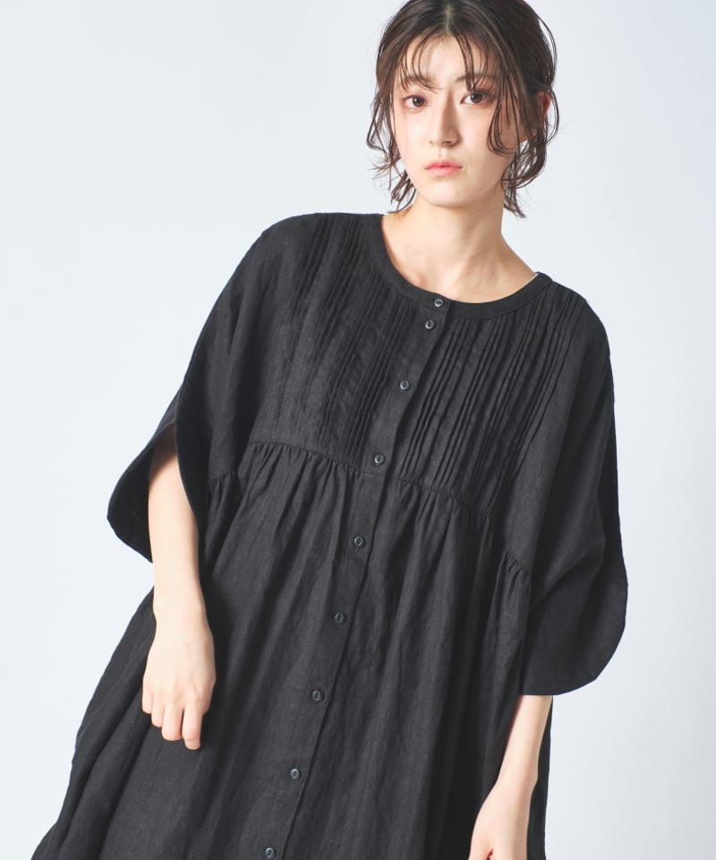 リネン 胸元多数ピンタック コクーン半袖2wayワンピース ub27
