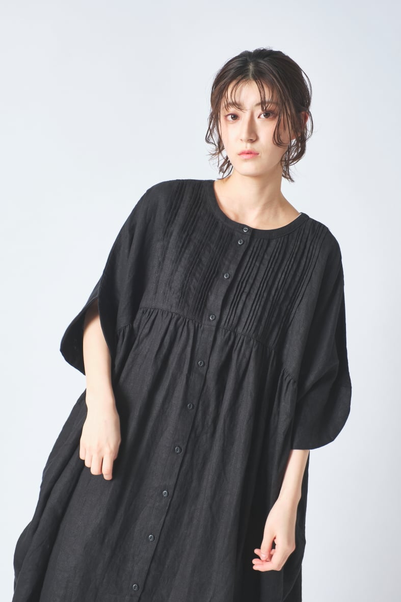 リネン 胸元多数ピンタック コクーン半袖2wayワンピース ub27-0947