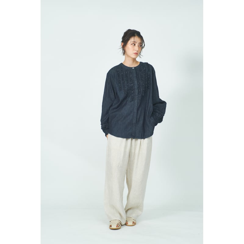 胸・袖口ギャザーフリル使い比翼 袖ゴムシャーリングブラウス ub30 