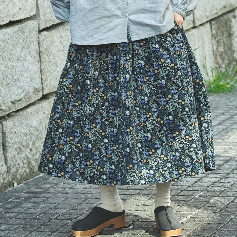 コーディロイ 総柄プリント 83丈裏付きタックギャザースカート ○ub21