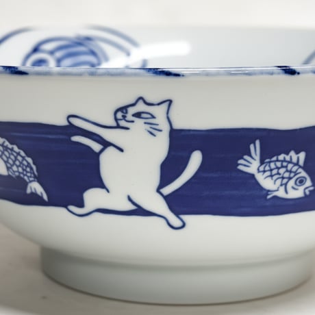 Japanese Blue & White Lucky Cat Ramen Bowl（minoware） / 猫と鯛  どんぶり 麺ばち（美濃焼き）