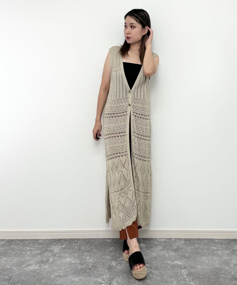 イエベ春秋】クロシェニットロングジレ（ベージュ） | ILONONO official