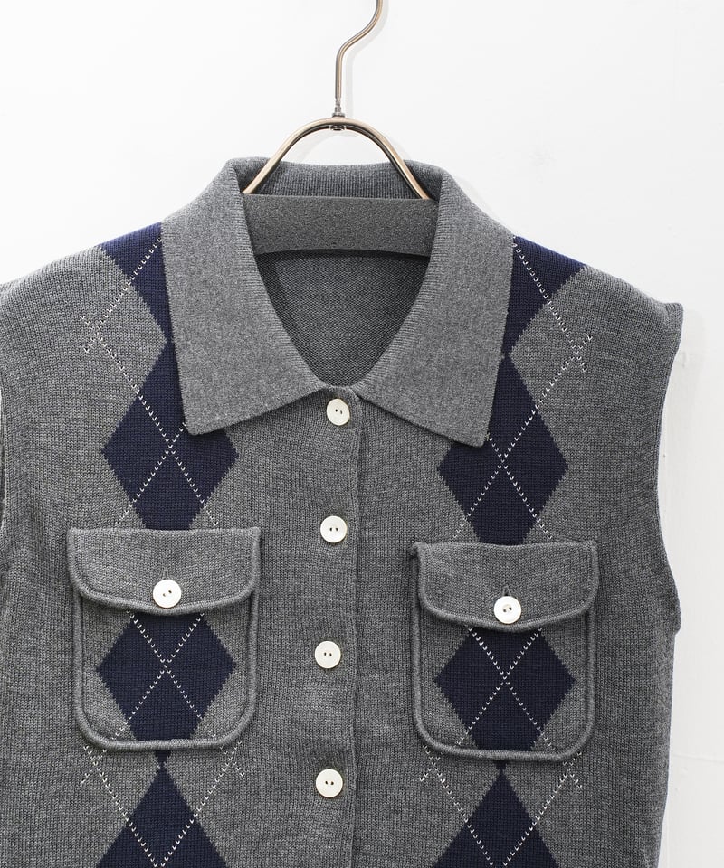 FRAY I.D ポロカラーノースリニットジレ／接触冷感　グリーン FRAY I.D ポロカラー ノースリーブ ニットジレ 接触冷感 グリーン