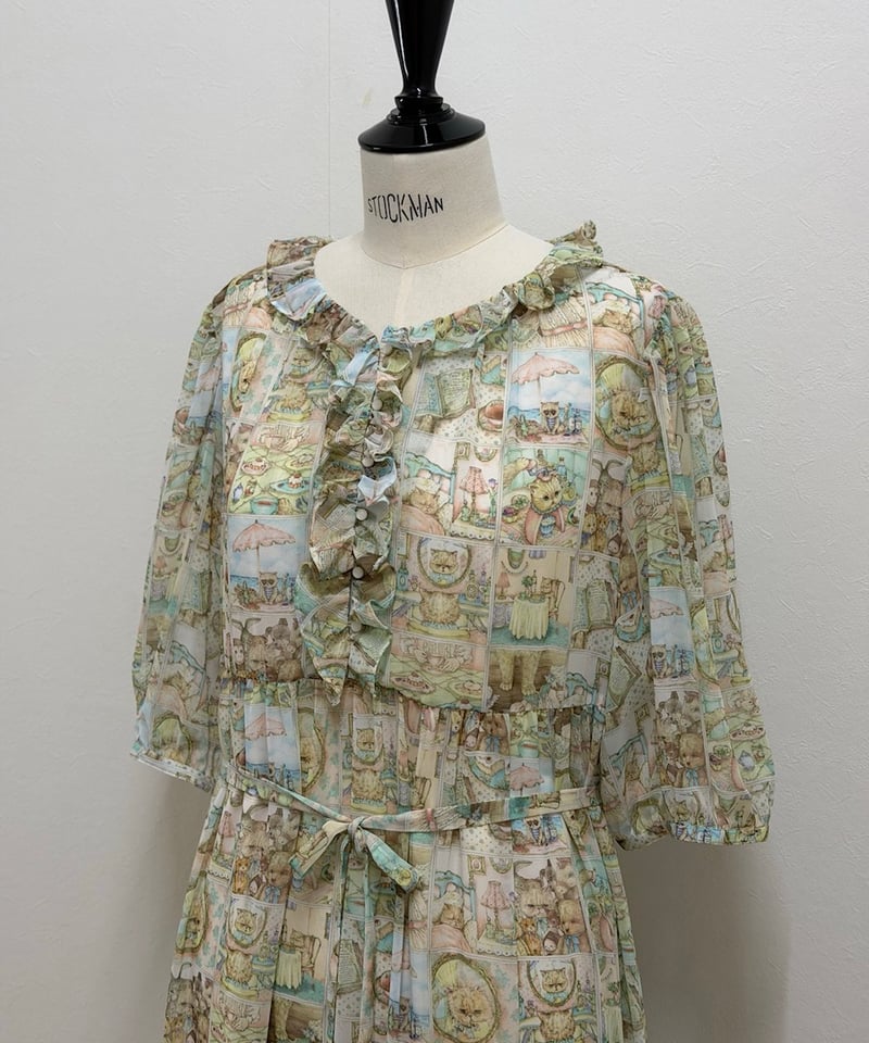 新品未使用タグ付 yukiemon ワンピース yukiemon】※数量限定※5部袖テキスタイルワンピース/ペチなし（M・3L