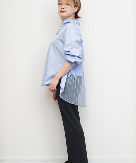 【Lallia Mû】ギャザーレイヤードプリーツストライプシャツ_250213002262