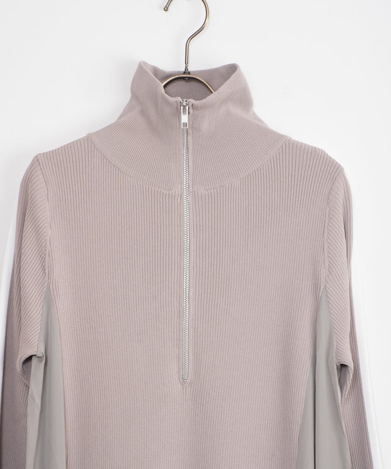 ROSIEE】袖配色ラインハープジップ布帛切り替えニットワンピース_  