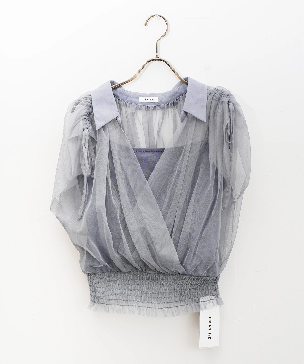 タグ付き フレイアイディー チュールドッキング カシュクール カットソー ブルー FRAY I.D】チュールドッキングカシュクールカットソー_250805003431 | E