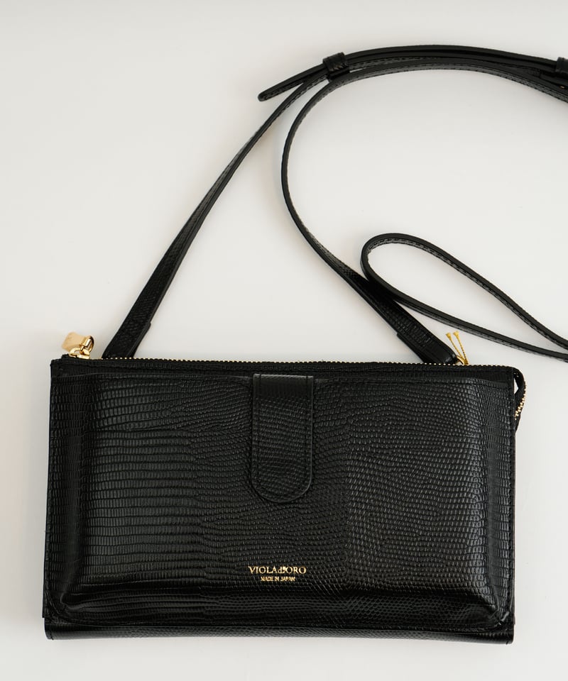 VIOLAd′ORO】リザード型押しレザー 横型フォンポシェット_
